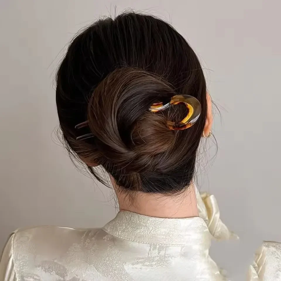 U-Shaped Geometric Design Hair Fork Women's Multi Colored  Acetic Acid Twisted Pattern Hairpin Tortoiseshell Texture Light Style