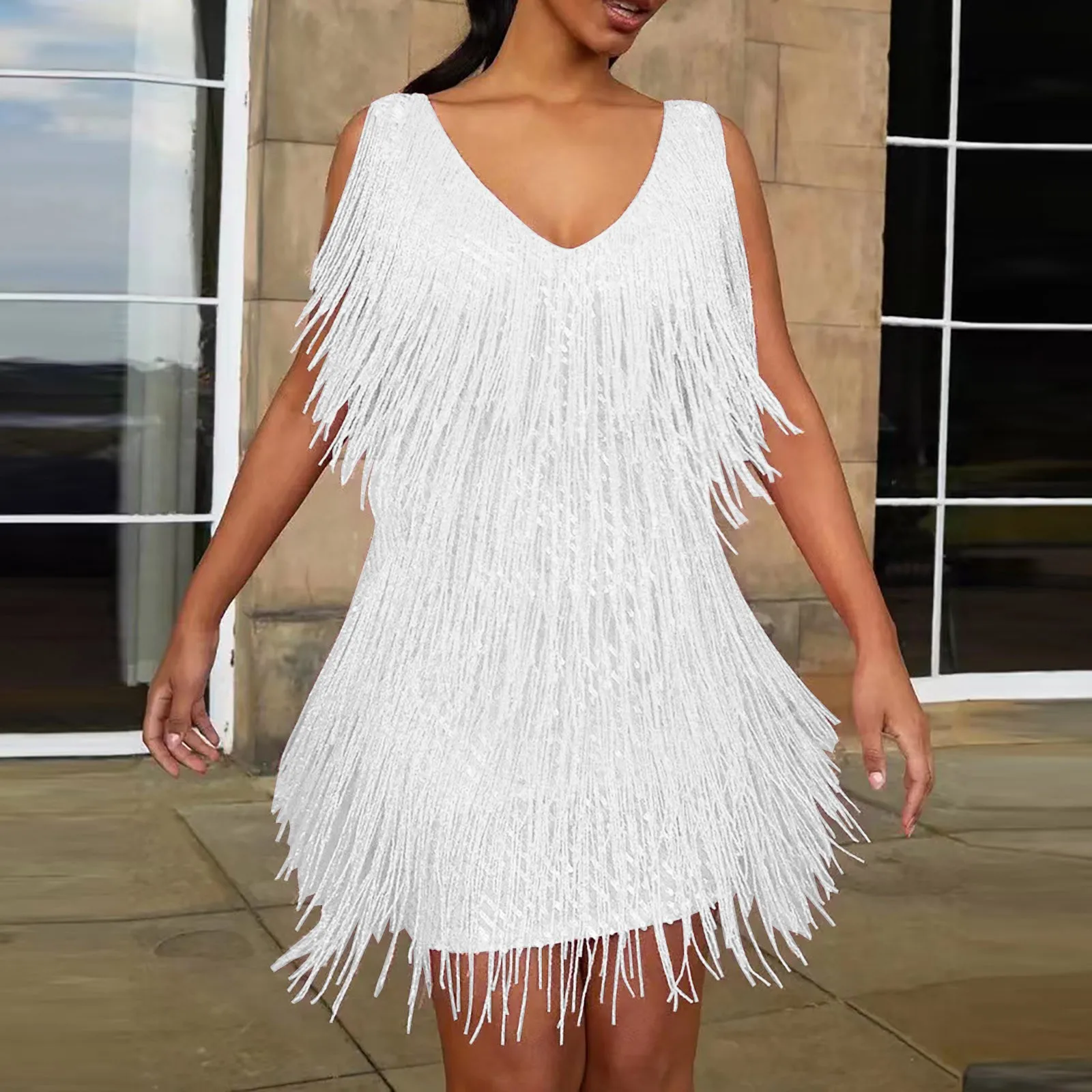 Women Sling Sequined Evening Dress Luxury Sleeveless V Neck Tassels Club Party Summer Short Dress Luxury vestidos para mujer