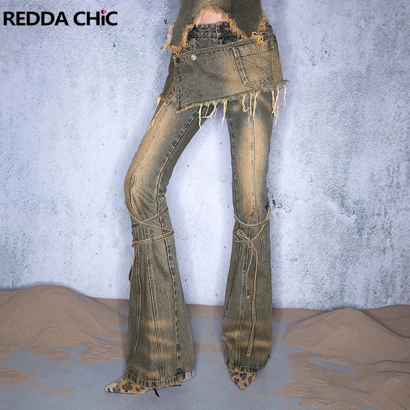 

ReddaChic женские брюки с запахом и низкой талией, грязные зеленые усы, эластичные узкие расклешенные джинсы из двух частей, винтажная уличная одежда