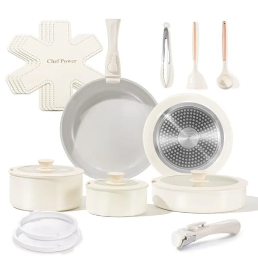 

Ceramic Nonstick Pots and Pans Set 19 Piece with Detachable Handle, Induction Dishwasher Oven Safe Cookware Set, RV Kitchen Set