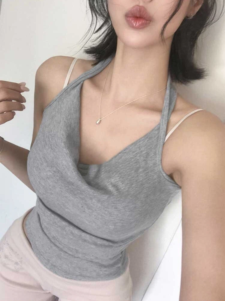 Korean Style Solid Figure Flattering Crop Top Feminine Sexy Halter Backless Camisole 2026 Summer Outer Wear Women Tank Top