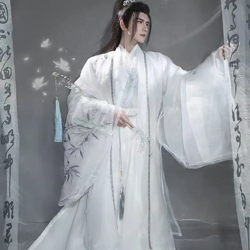 

Full 7Pcs Set White Embroidery Hanfu Men's Traditional Chinese Large Sleeve Shirt Long Robe Carnival Event Cosplay Outfits Male