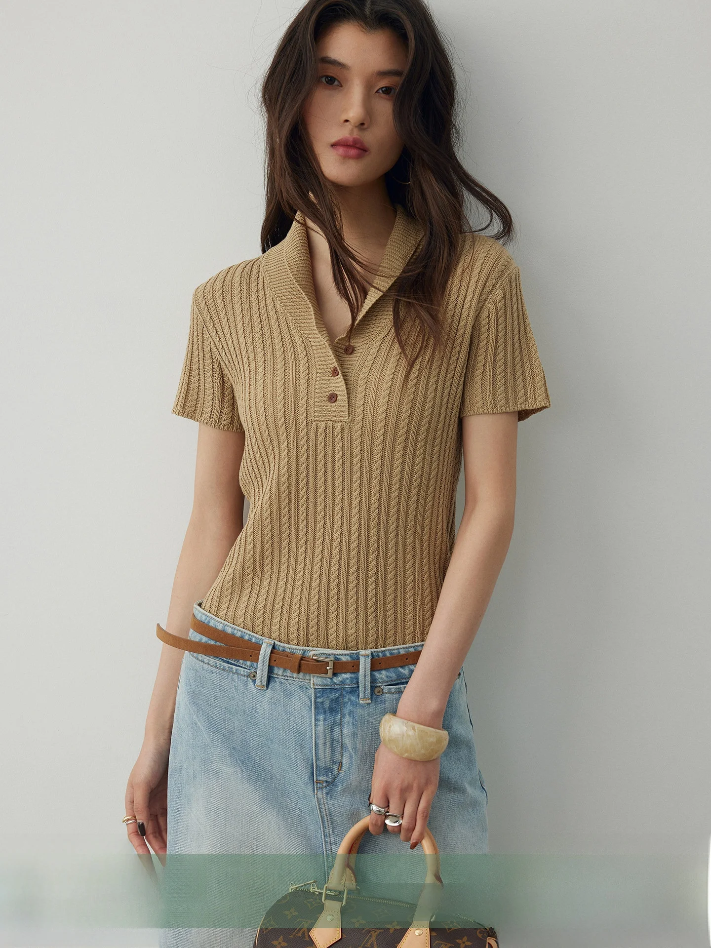 

KEARA Women's Neck Knitted Top Silk Linen Twist Flower Short Sleeve Slim Fit Summer Casual Style T-Shirt Chinese Brand