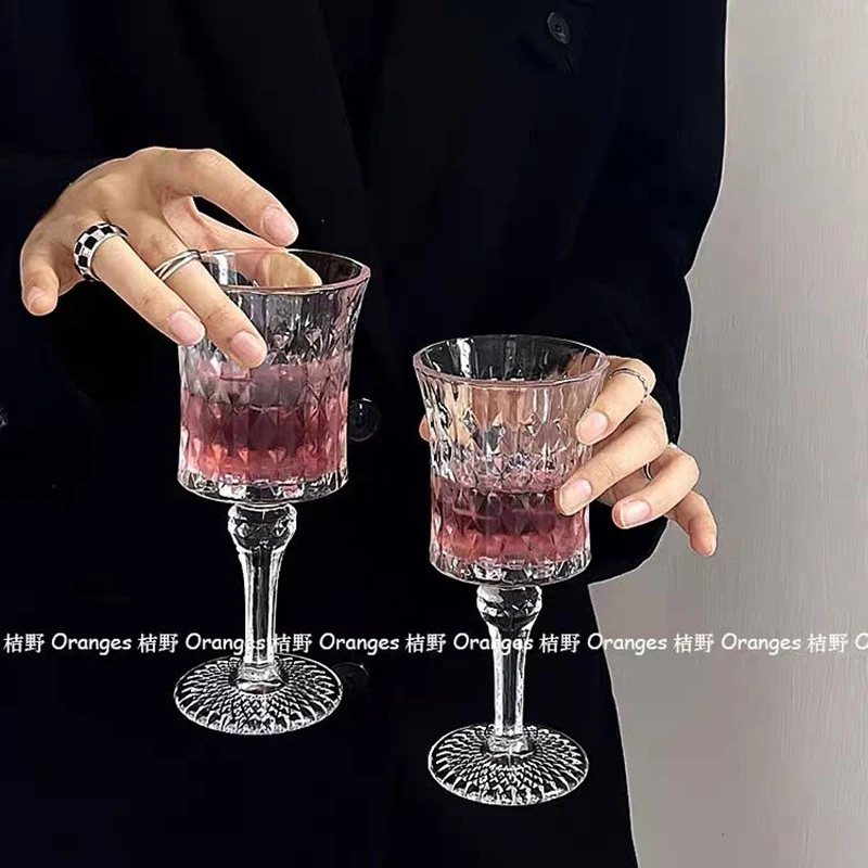 190/270ml Cocktail Vintage Relief Tall Champagne Glass Transparent Glasses Drinking Drinkware Wine Goblet Juice Cups Glassware