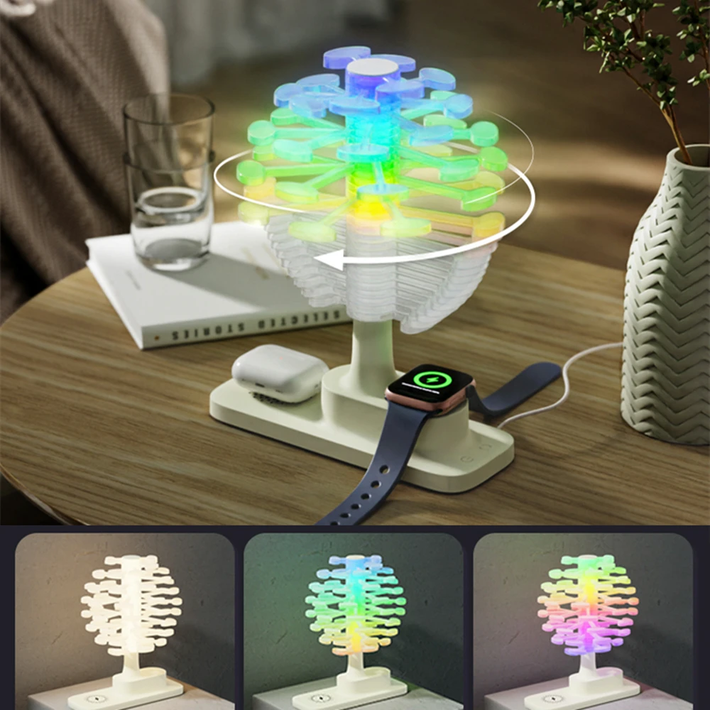 Innovative Lamp Spiral Tree Shape Table Lamp with Colorful Lights And Wireless Phone Watch Charging Pad Bedside Lamp Home Decor