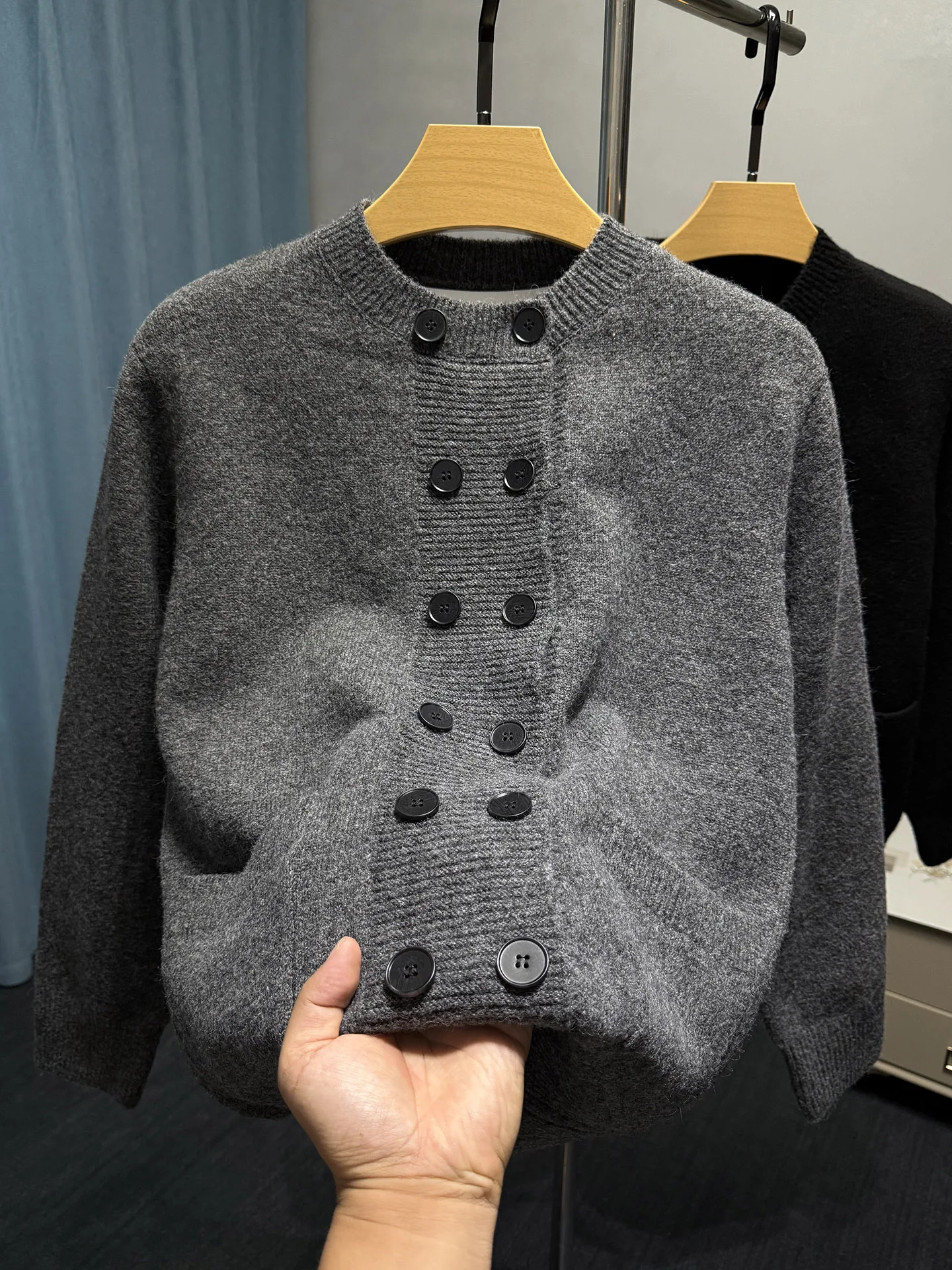

Autumn Winter Men's Knitted Cardigan Pure Color round Ne Double Buttoned Sweater Casual Versatile Outerwear for Youth