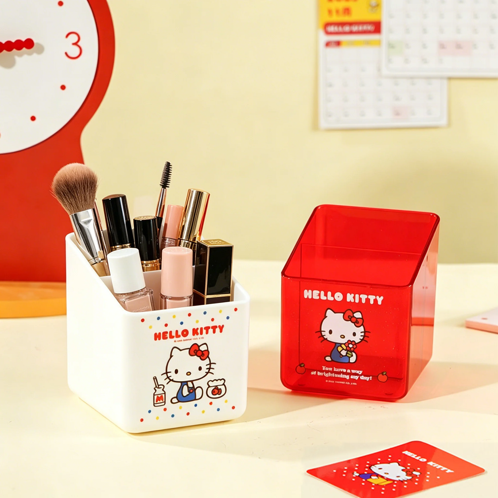 Porte-stylos et organiseur de maquillage à double compartiment Sanrio Hello Kitty, boîte de rangement de bureau Kawaii