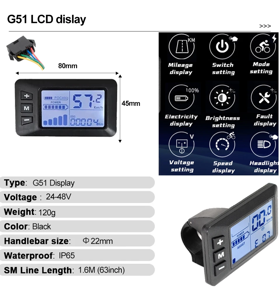 Electric Bike Scooter LCD Display Brushless Controller 36V 48V 500W 350W with G51/S830/GZ3 Display for Electric Bike Accessories