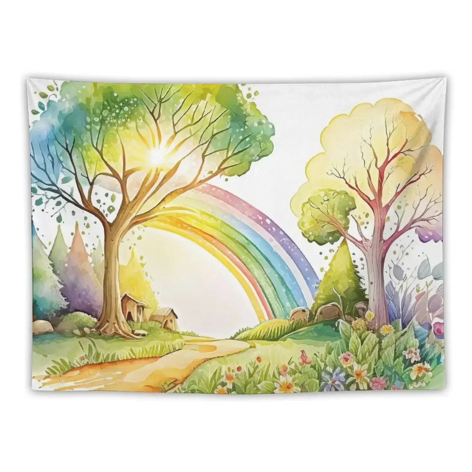 

Watercolor Floral Landscape with Rainbow and Trees, Cartoon Style, For Kids Tapestry Decorations For Room Tapestry