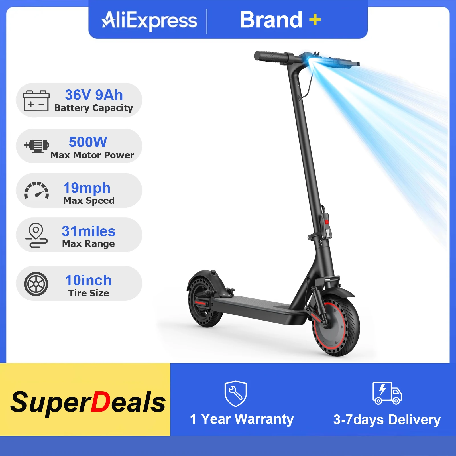 10-inch Electric Scooter Honeycomb Solid Tire 500W Motor 31Mile Max Range 19MPH Top Speed With Dual Suspension & Dual Braking System Foldable E-scooter for Commuting