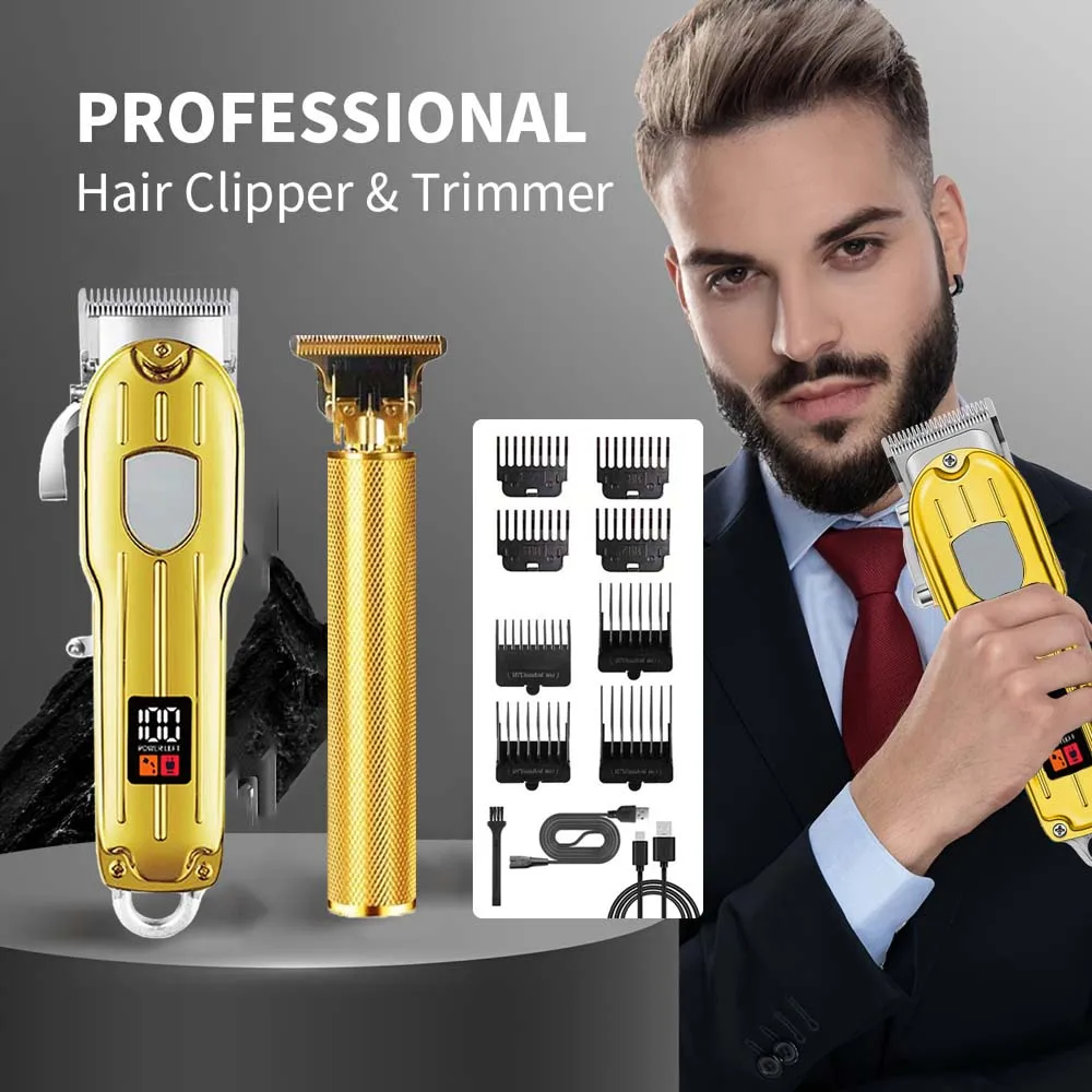 2 in 1 Electric Hair Clipper & T-Blade Trimmer Set for Men – Cordless Beard Shaver & Haircut Machine with LCD Display, USB Rechargeable Grooming Kit with 8 Guide Combs