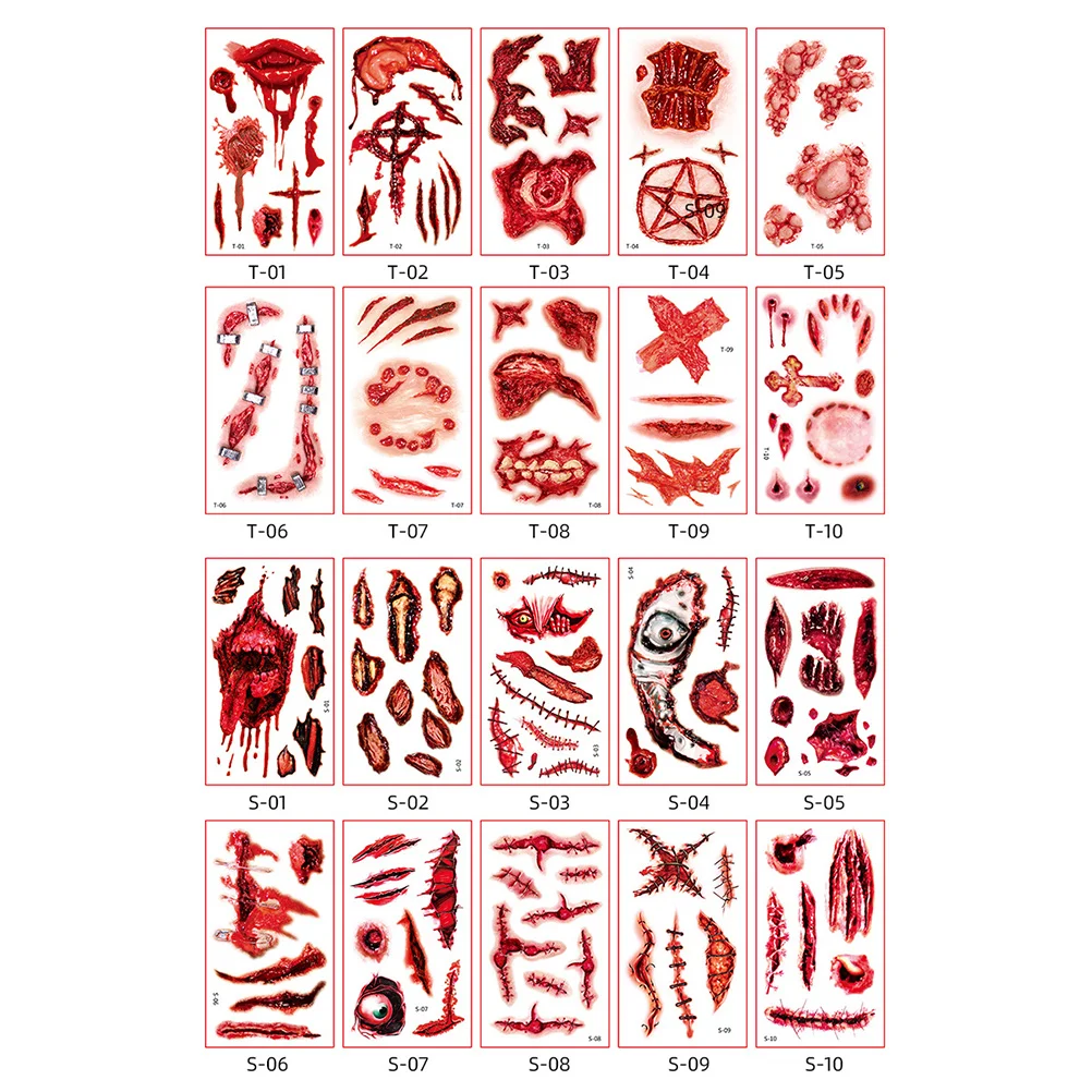 

20 Sheets Scar Tattoo Stickers Halloween Temporary Tattoos Waterproof Face Decals Transfer Printing Makeup Art Horror
