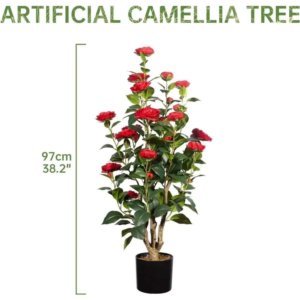 Artificial Camellia Tree 3FT, Red Faux Camellia Plant Fake Potted Camellia Flower Trees Plastic Camellias Tree