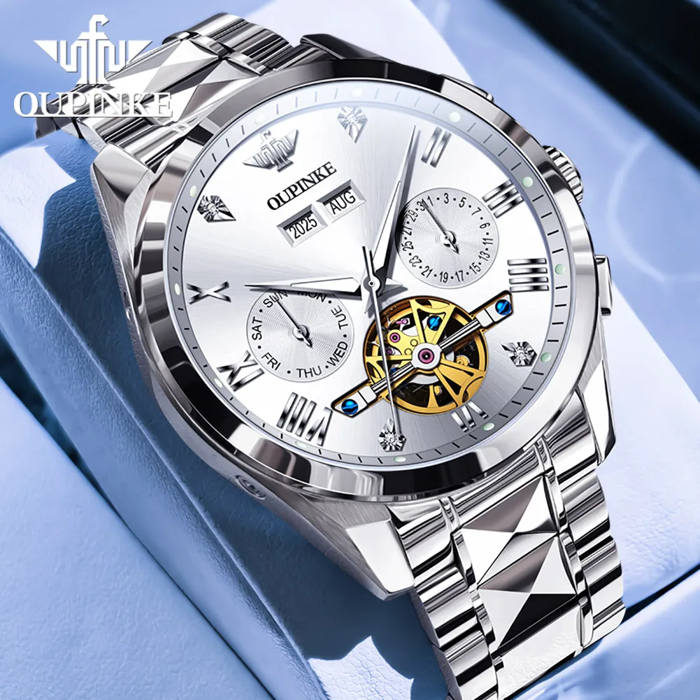 OUPINKE 3240 Skeleton Herrenuhren 50 m wasserdicht automatische mechanische Uhr Saphir leuchtendes Datum Wolframstahl Markenuhr 9