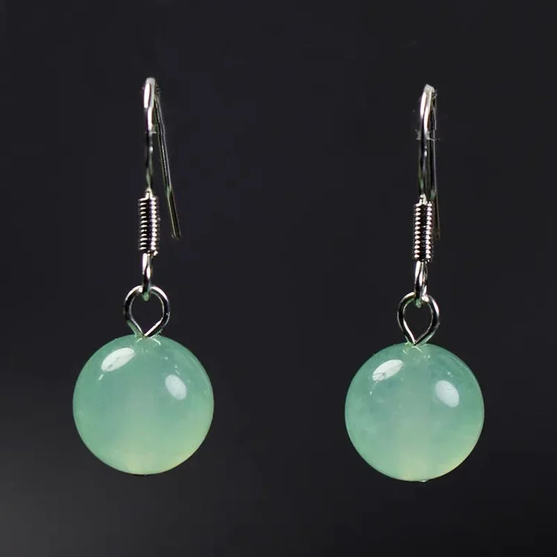 

925 Silver Natural green Jade Swing Earrings 10mm Bead Charm Jewellery Fashion Accessories DIY Hand-Carved Man Woman Amulet Gift