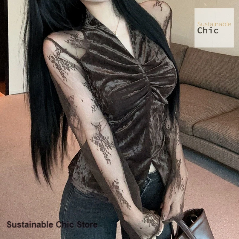 

French temperament lace stitching long sleeve velvet T-shirt women's spring and autumn fashion slim bottoming shirt waist top