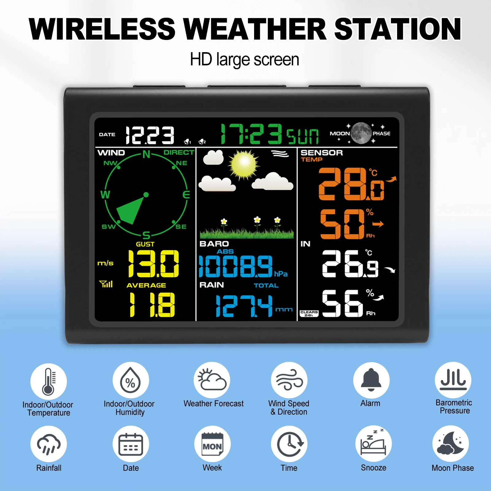 

Wireless Weather Station Digital with Solar HD Color Display Indoor/Outdoor Temp/Humidity Wind/Rain Gauge Moon Phase for Home