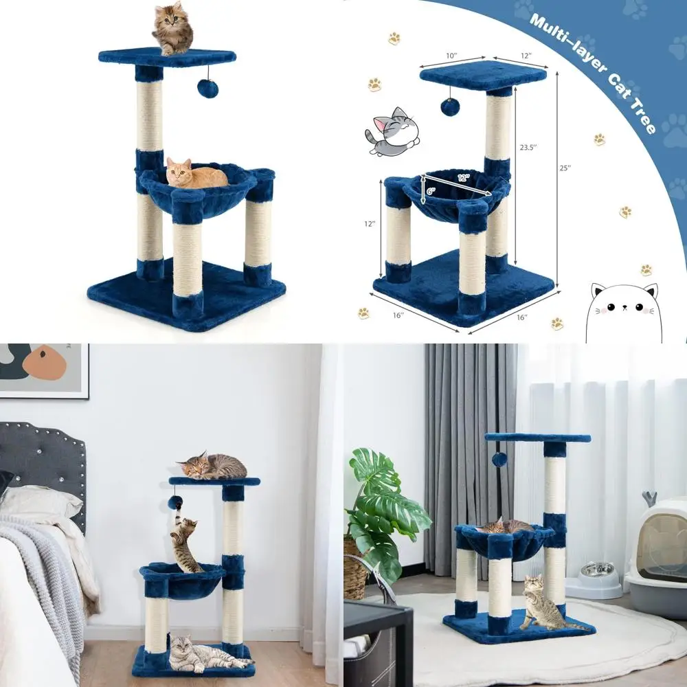 

Многоуровневая кошачья башня с когтеточками, синим гамаком и домашней площадкой для шлифования когтей и развлечений кошачьих когтей.