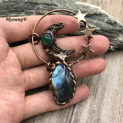 5PCS Boho Soldered Antique Large Natural Flash Labradorite Vintage Stars Moon Stone Necklace Pendants For Bohemia Jewelry