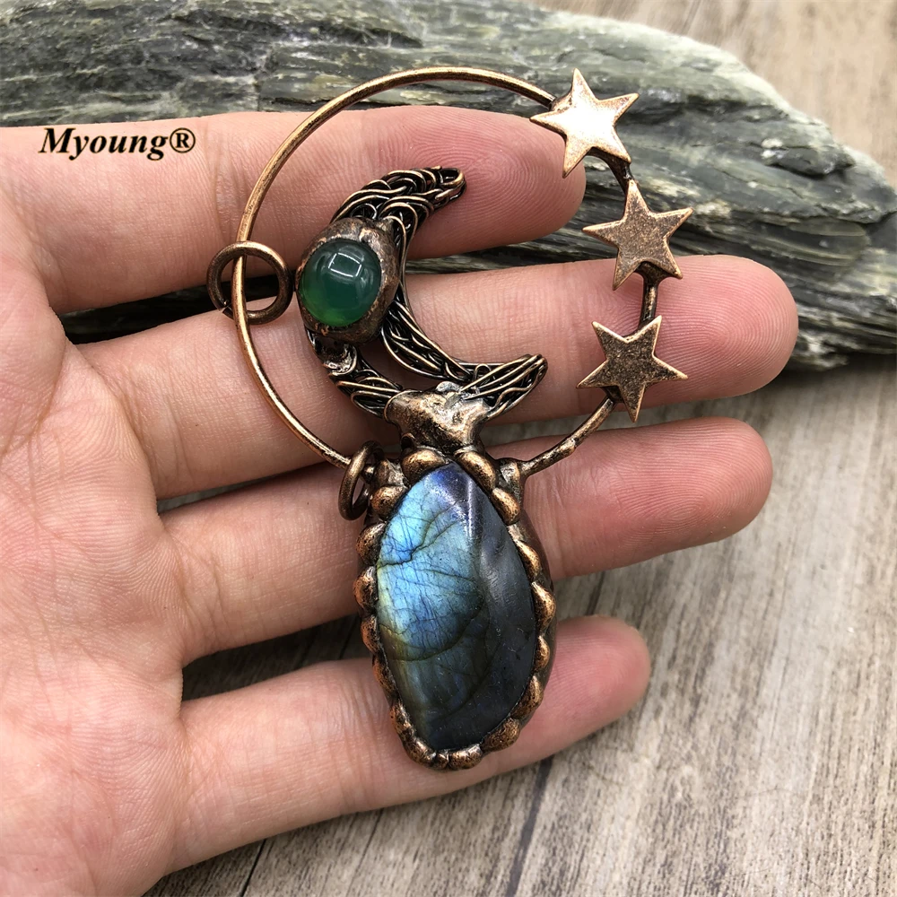 5PCS Boho Soldered Antique Large Natural Flash Labradorite Vintage Stars Moon Stone Necklace Pendants For Bohemia Jewelry