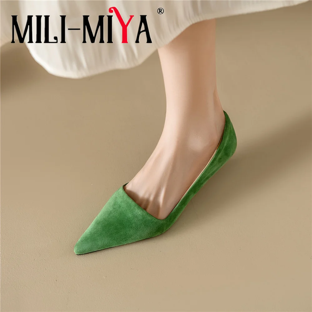 MILI-MIYA New Spring Summer Women Pointed Toe Shallow Pumps Comfortable Mid Heel Kid Suede Handmade Party Versatile Shoes