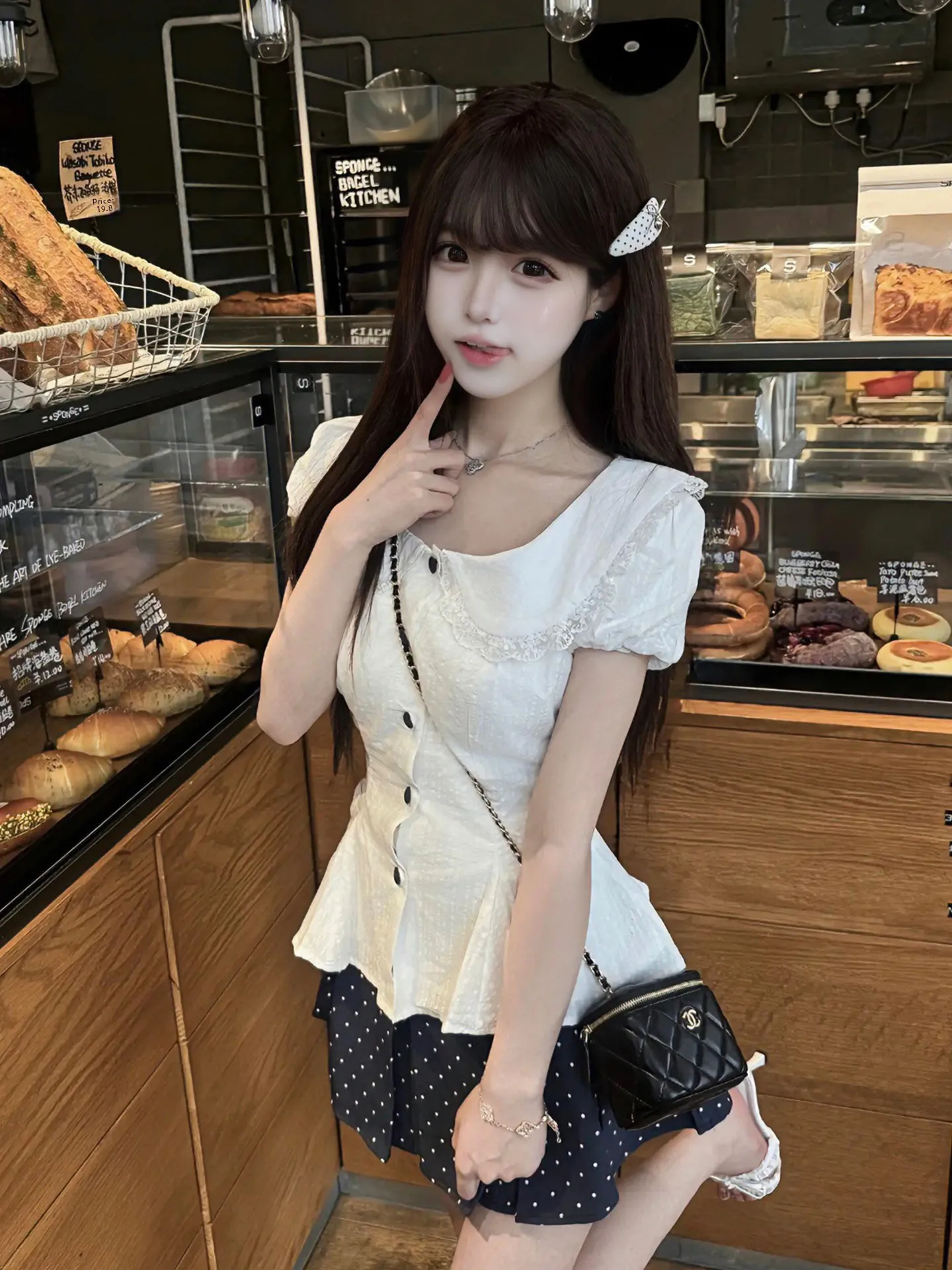 

Adorable Doll Collar Bubble Sleeve Polka Dot Short Skirt Set Women's Summer Fashion Shirt Breathable Polyester Fiber High Waist