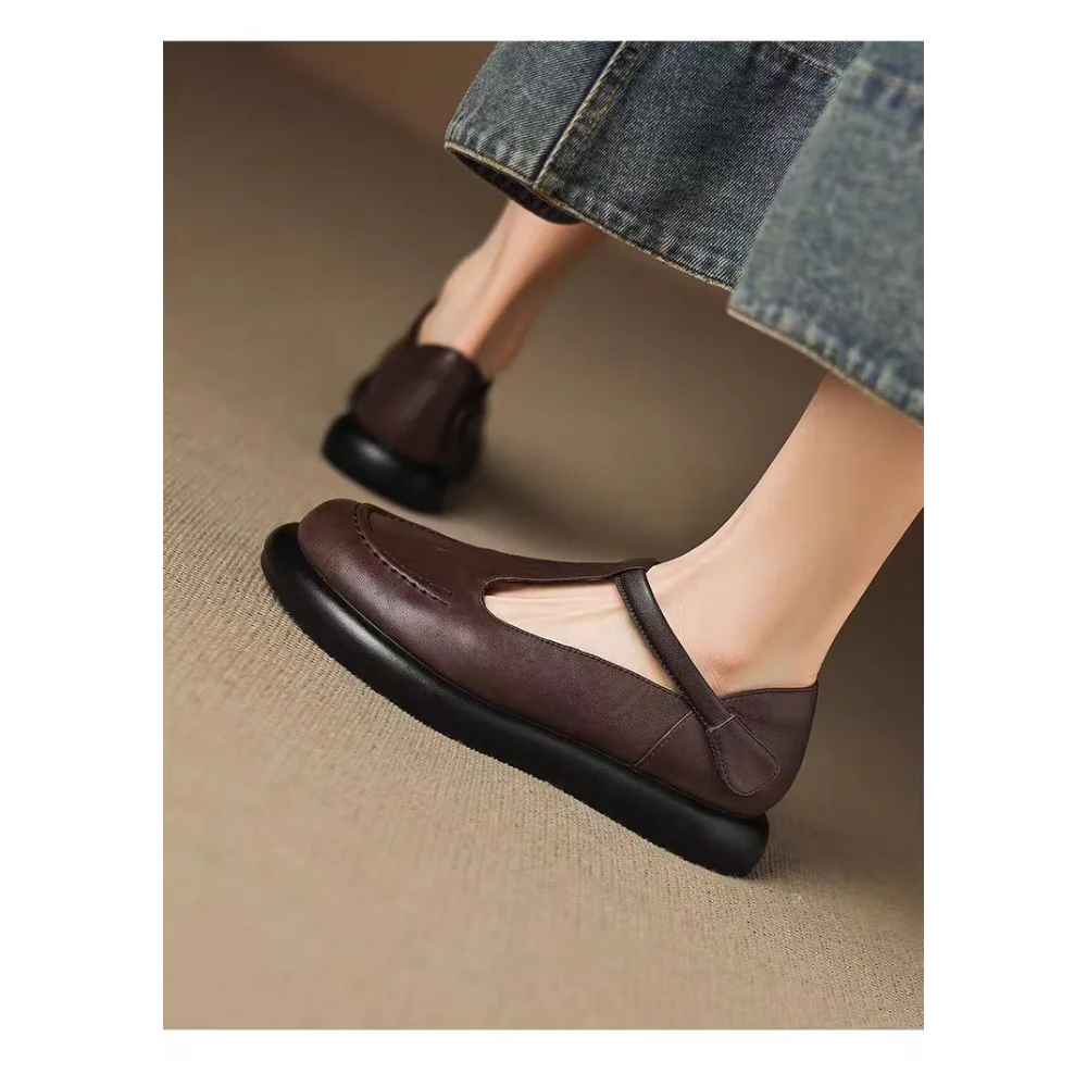 Vintage schokoladenbraune Mary-Jane-Slipper mit runder Zehenpartie, Slip-On-Loafer aus weichem Leder, bequeme Freizeitschuhe, rückenfreie Pantoletten, Streetwear – Detail 1
