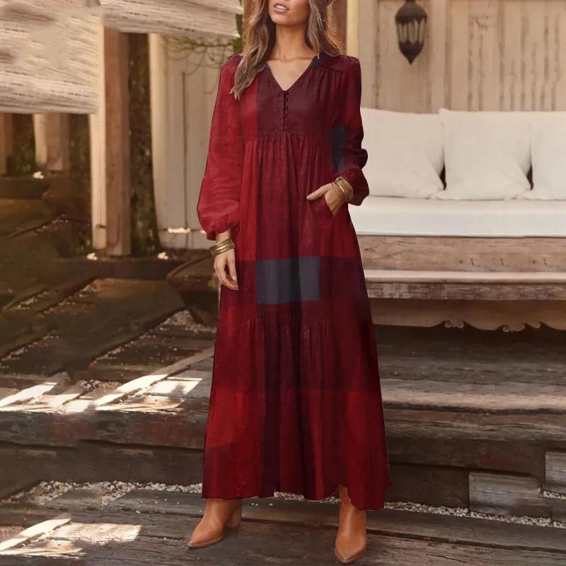 

Elegant Losse Maxi Shirt Dress For Women Autumn Long Sleeve V Neck Vintage Plaid Print Long Dresses Ladies Dress Fashion Robe