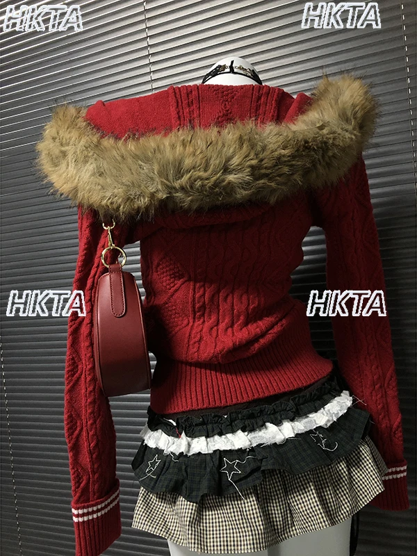

American Commuter Slim Fit Warm Hooded Red Sweater Jackets Girl 2025 Autumn Winter Waist Short Knitted Cardigan Coat Top Women