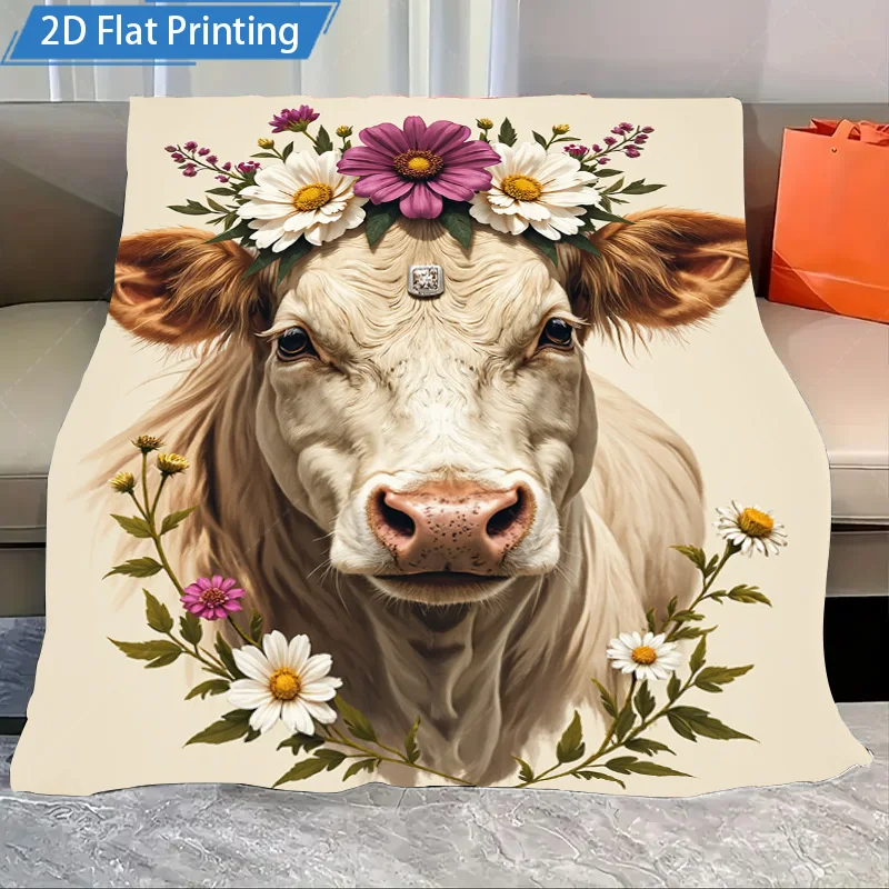 1pc cobertor de flanela floral com estampa de vaca – design plano 2D aconchegante para decoração de casa