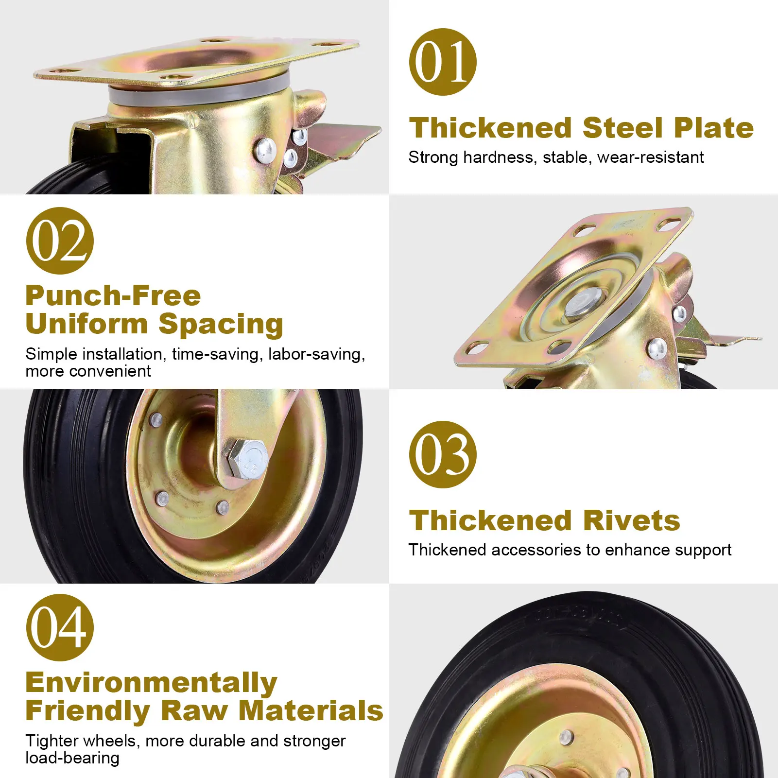 ล้อเลื่อนสำหรับงานหนัก, ล้ออุตสาหกรรมขนาด 8 นิ้ว, ล้อเลื่อน 4 ชิ้น, หมุนได้ 360 องศา, ล้อเลื่อนสำหรับงานหนัก (มีเบรก)