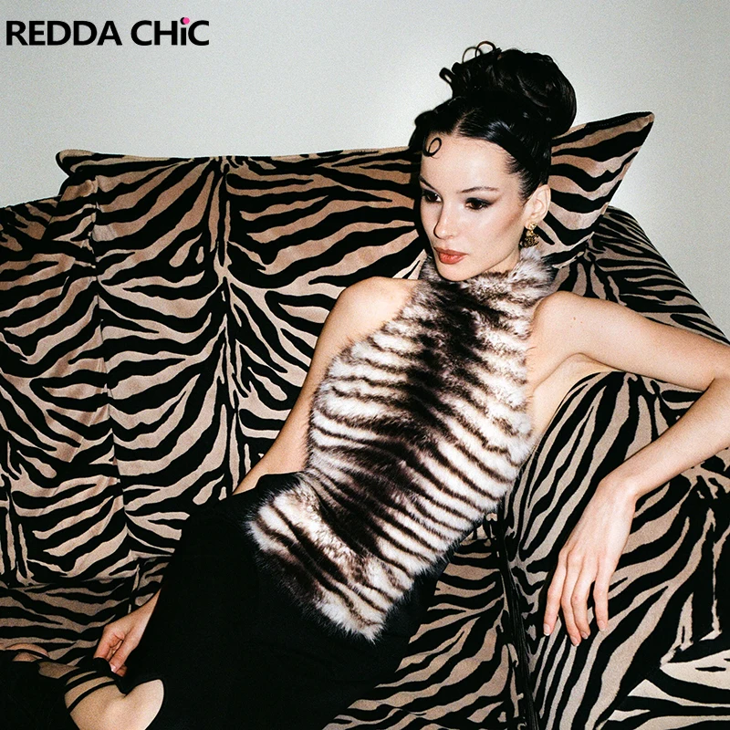 

REDDACHiC Stitching Leopard Fur Women's Turtleneck Top Y2k Grayu Backless Off Shoulder Sling Vest Harajuku Retro Fall Clothes