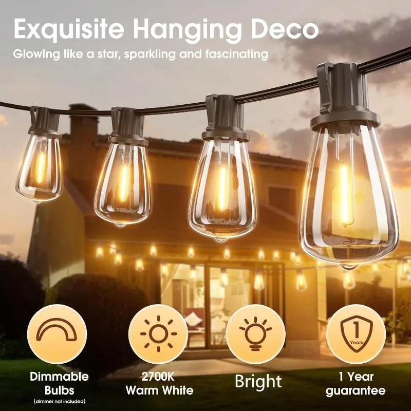 

50/150FT Outdoor String Lights Waterproof LED Patio Lights ST38 Bulb for Outside Garden Porch Deck Bistro Backyard Events