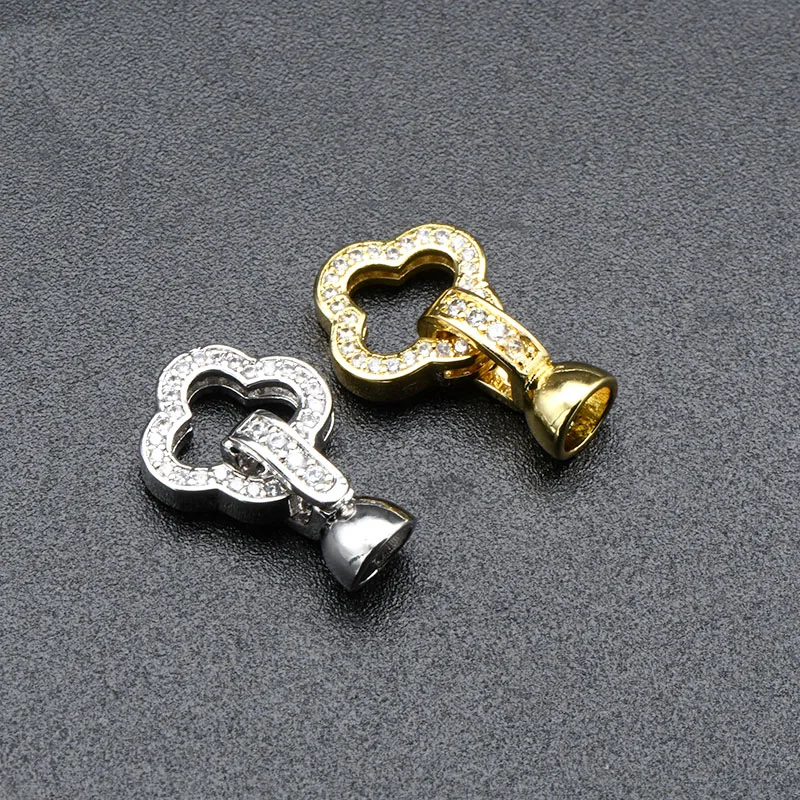 Jewelry Making Supplies High Quality Real Gold Plated Double Side CZ Paved Clover Clasp Bial Connector for DIY Necklace Pendant