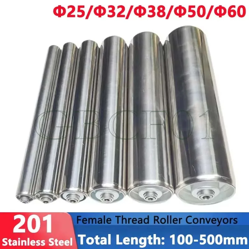 Stainless Steel Gravity Roller Conveyor Dia 25/32/38/50/60mm Total Length 100 150 200 250 300 350 400 450 500mm Female Thread