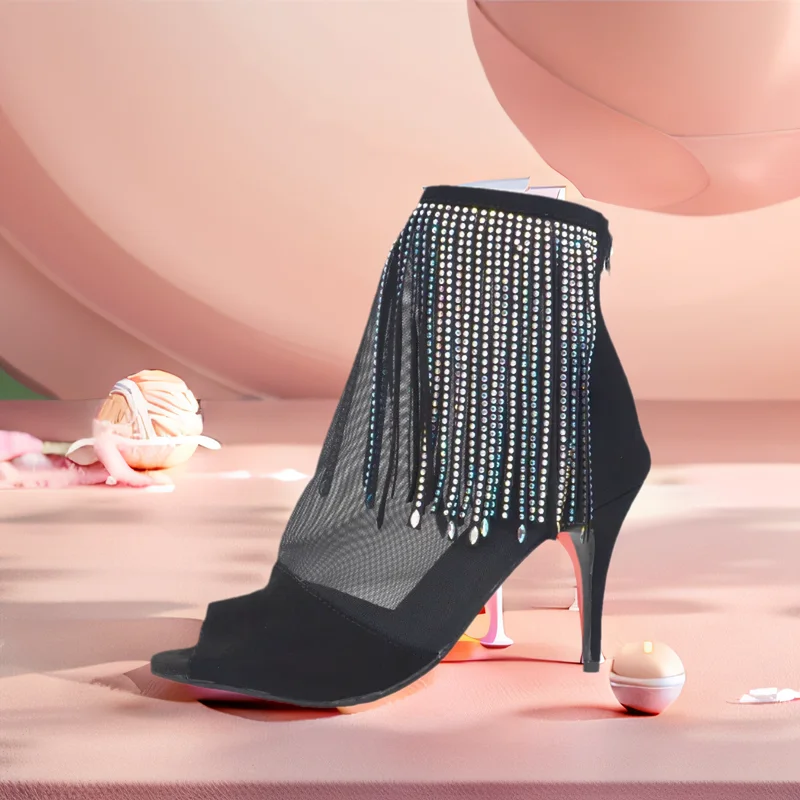 Women Practice Dance Shoes Slim Heel Latin Salsa Ballroom Dance Shoes Black Dance Shoes Crystal Wedding Party Dancing Shoes Boot