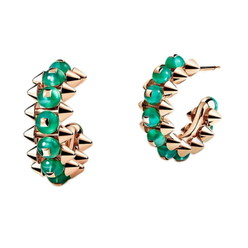 High Craft 925 Sterling Silver Chalcedony Green Agate Bead Rivet Hoop Earrings Gold Plated Fine Luxury Jewelry For Women Party