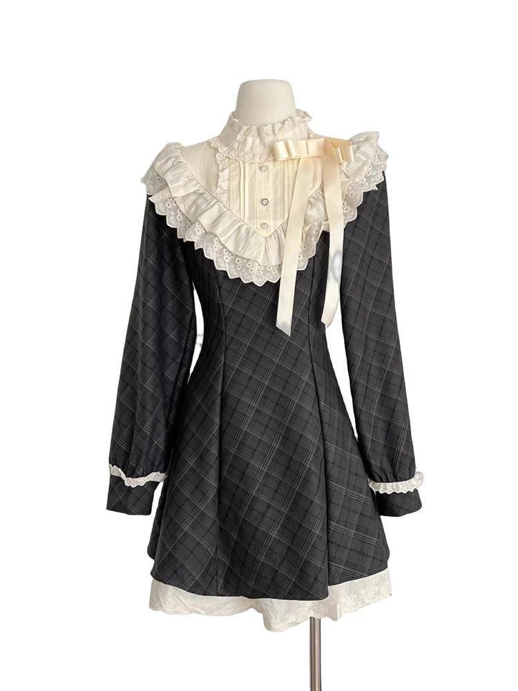Französisch stil retro karierten spitze rand geraffte taille abnehmen temperament kleid frauen herbst neue elegante süße kurzen rock