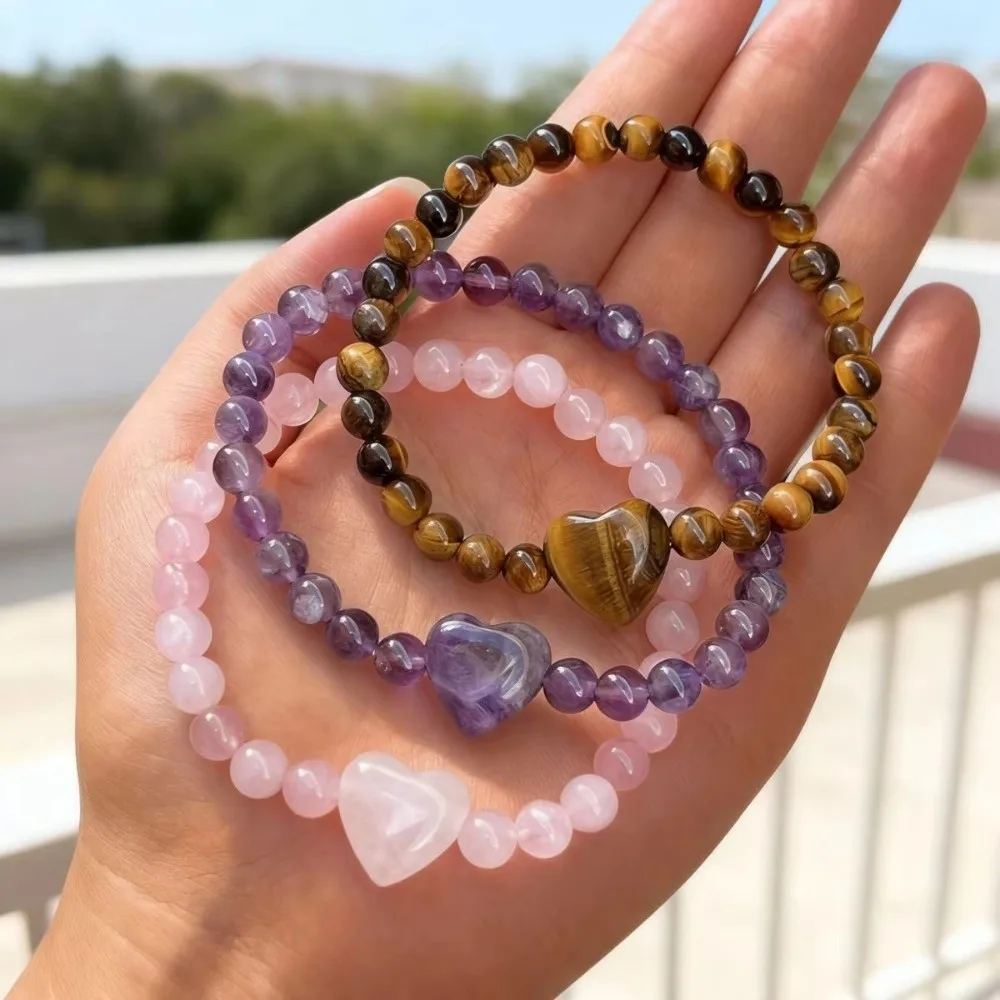 Natural Stone Beaded Bracelet Heart Pink Quartz Strand Bracelets Yellow Tiger Eye Unakite Handmade Couple Bracelet