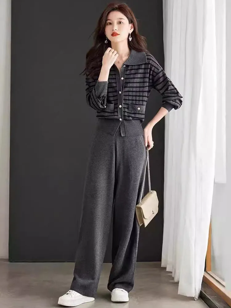 Women Elegant Knitted 2 Piece Sets Casual Striped Long Sleeve Knit Cardigan Tops Conjuntos Korean High Waist Sweatpants Outfit