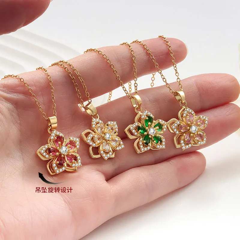 Gold Plated Stainless Steel Rotatable Flower Zirconia Pendant Necklace Charm - Romantic Luxury Jewelry for Women And Girls
