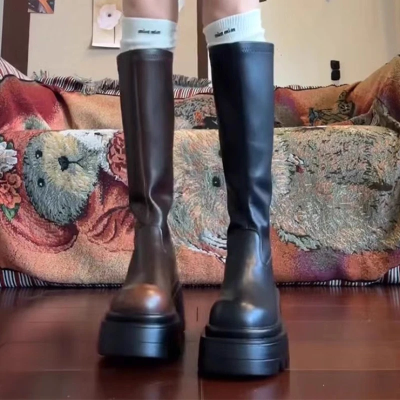 جديد أحذية عالية النساء أحذية منصة عالية الكعب تشيلسي أحذية امرأة شتاء 2025 الاتجاه القوطي أحذية من الجلد مكتنزة الثلوج بوتاس Mujer #5