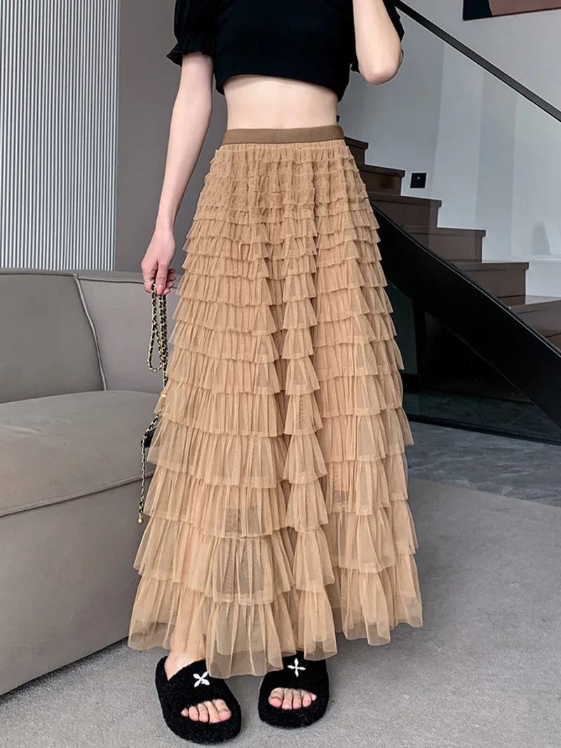 

Women Tulle Mesh Skirt Elegant Elastic Waist Fairy Long A-line Tutu Skirt For Spring Summer Long Cake Skirt Fashion Women SGT8