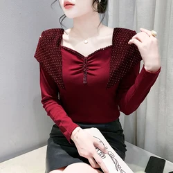 2024 New European Clothes Cotton T-Shirt Fashion Sexy Draped Patchwork Shiny Beading Diamonds Women Tops Long Sleeve Tees 41019