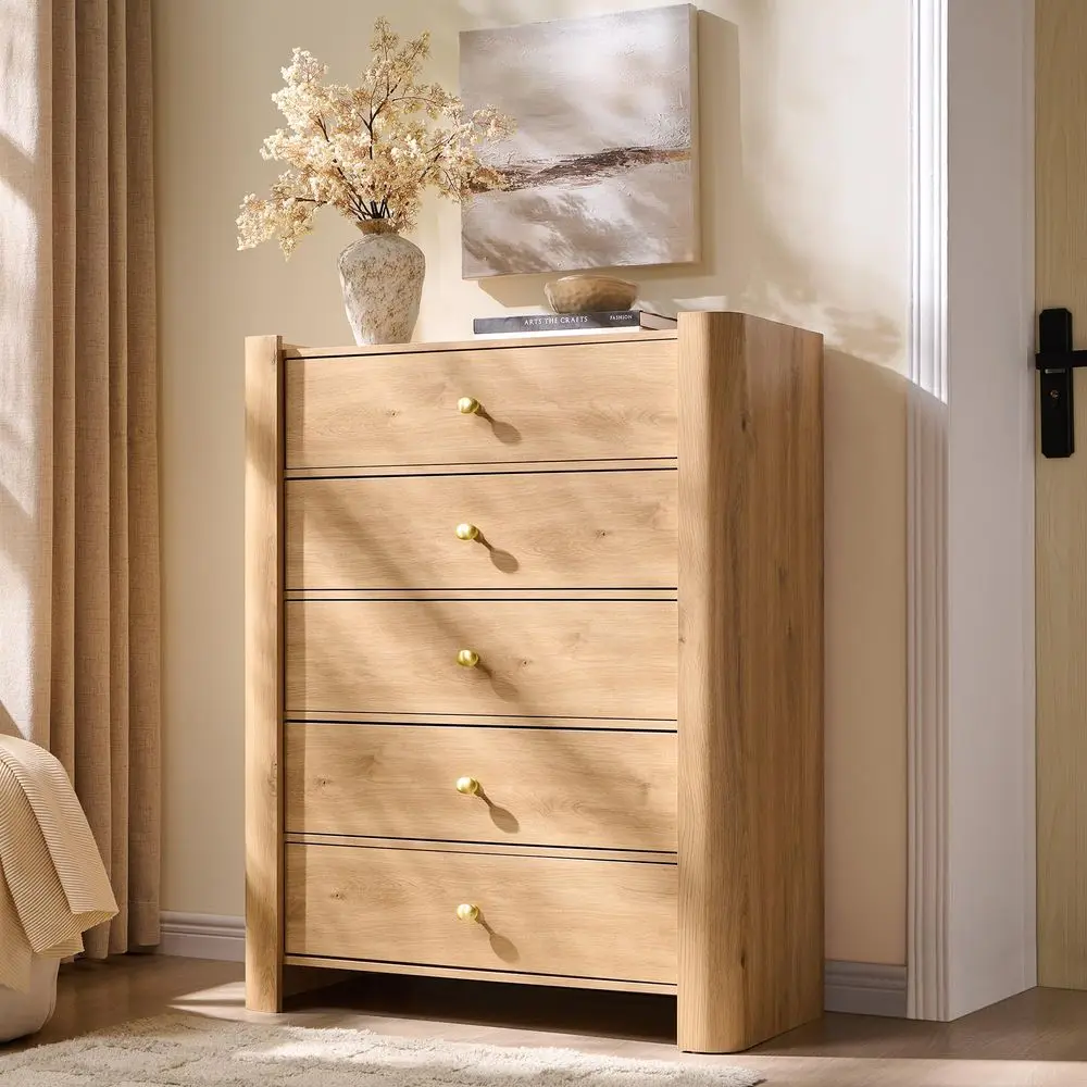 

Комод с 5 ящиками для спальни, деревянный комод с изогнутым профилем, высотой 39,6 дюймов, с золотистыми металлическими ручками