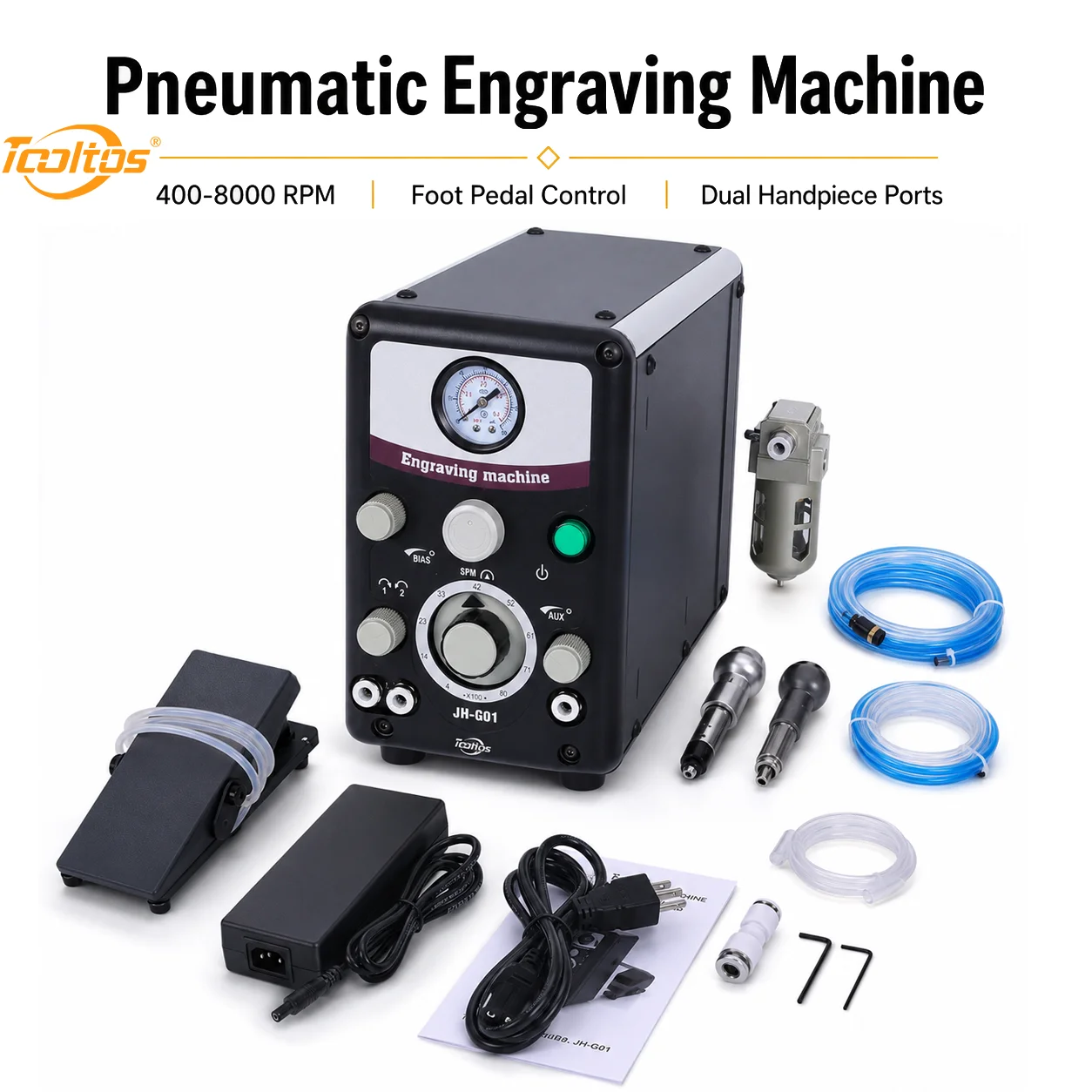 TOOLTOS 100W Pneumatic Jewelry Engraving Machine Dual Handpieces 400-8000RPM Foot Pedal Engraver for Stone Setting Metal Carving