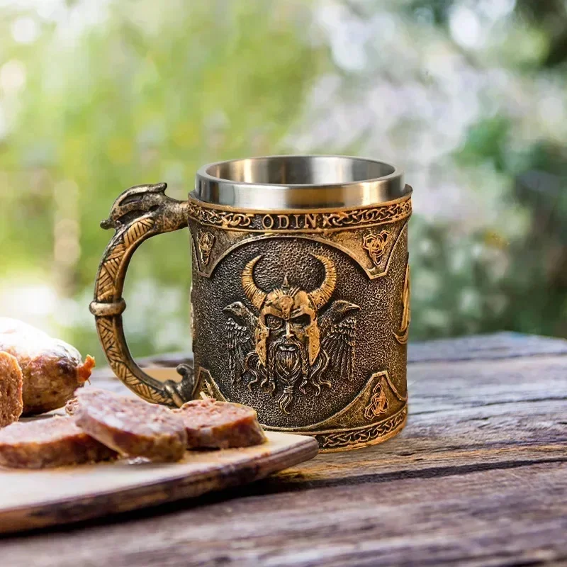 Popular Medieval Retro Viking Mythical Hero Symbol  Mug Creative 3d Style Home Bar Stainless Steel Beer Mug Unique Souvenir