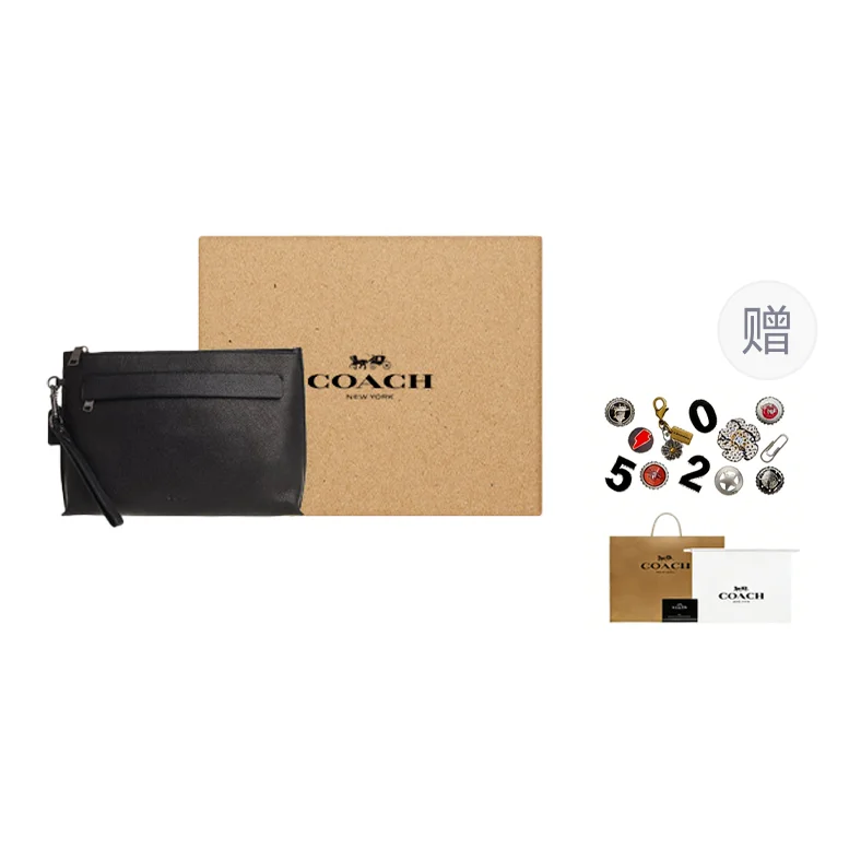 COACH Pouch Polished Pebbled Leather Wrist Bag Clutch Large Men's Black 28614-BLK view 3