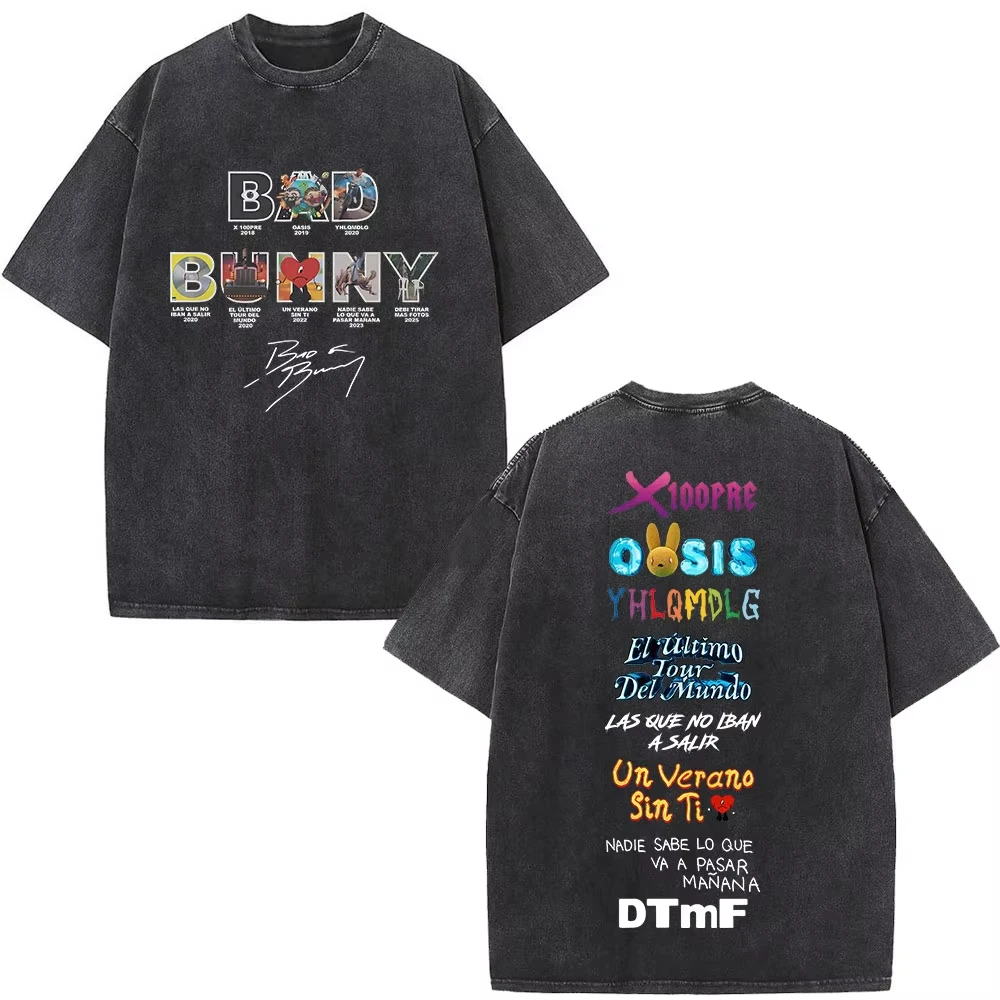 Rapper Bad Bunny Washed Vintage T-Shirt Debi Tirar Mas Fotos DTMF World Tour T-Shirts Herrenmode Hip Hop T-Shirts Streetwear