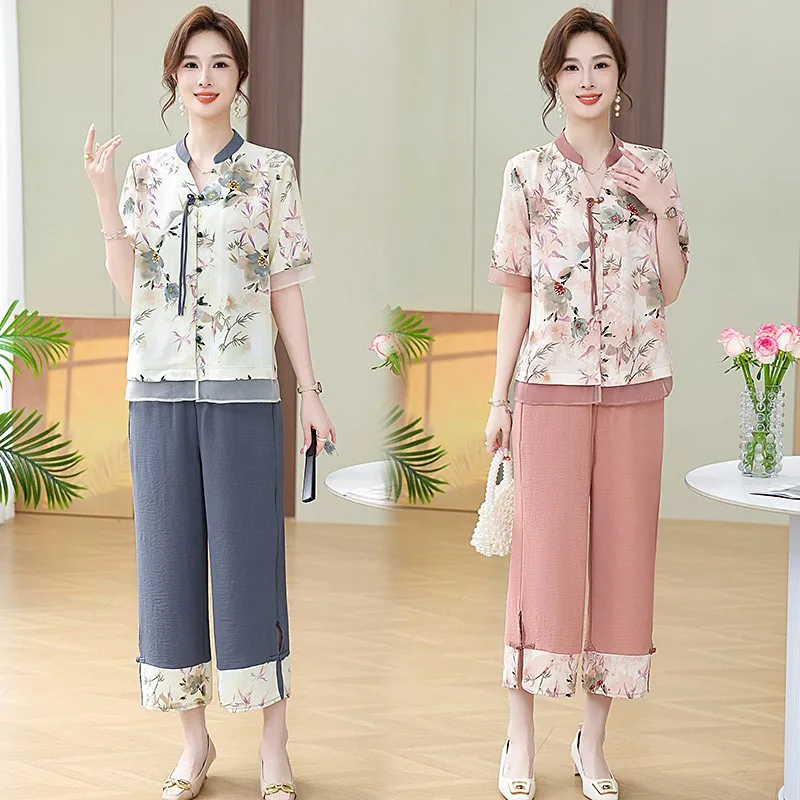 Women's Printed Casual Suit  Summe Loose Thin Close The Waist Corp Top And Wide Leg Pants Two Piece Set For Women Middle Age